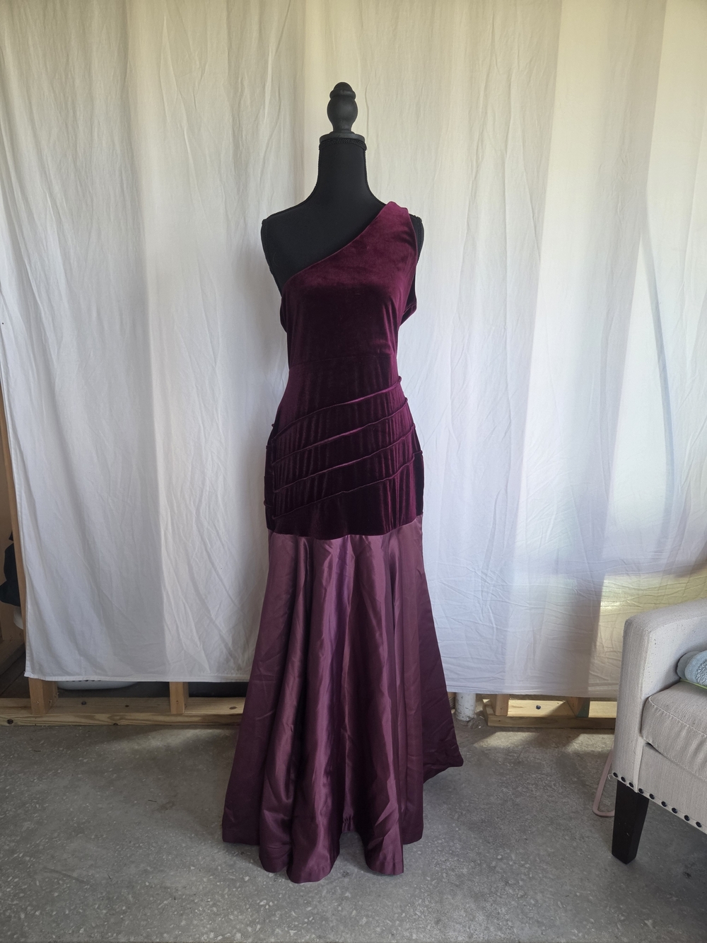 One-Shoulder Velvet & Satin Gown in Plum
